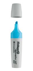 blauer Textmarker mit abnehmbarem Deckel. Der Körper ist aus grauem, recyceltem Kunststoff.