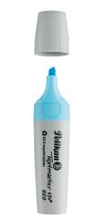 Hellblauer Textmarker mit abgerundeter Spitze. Der Körper ist aus weißem Kunststoff und hat eine umweltfreundliche Kennzeichnung.