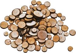 Haufen von runden Holzscheiben in verschiedenen Größen. Die Oberfläche ist hellbraun mit dunklen Rändern. Unregelmäßig angeordnet.
