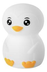 Kleiner, weißer Pinguin aus Kunststoff. Runde Form, große Augen, orangefarbener Schnabel und Füße.
