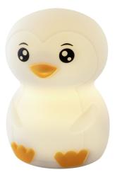Kleiner, weißer Pinguin aus Kunststoff. Runde Form, große Augen, orangefarbener Schnabel und Füße.