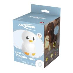 Kleiner, weißer Pinguin aus Kunststoff. Runde Form, große Augen, orangefarbener Schnabel und Füße.