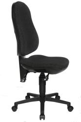 Schwarzer Bürostuhl mit ergonomischer Rückenlehne. Rollen und Höhenverstellung vorhanden.