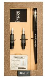 Calligraphie-Set mit einem schwarzen Stift und zwei unterschiedlichen Federn. Enthält auch Tintenpatronen in schwarz und braun.