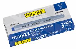 Packung mit drei blauen Rollerpatronen. Auf der Verpackung steht 'ONLINE' und 'magixX'.
