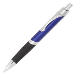 Kugelschreiber mit blauer Oberfläche und silbernen Akzenten. Gummierte Griffzone für besseren Halt.