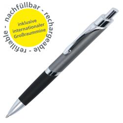 Schwarzer Kugelschreiber mit silbernen Akzenten. Nachfüllbar, inklusive internationaler Großraummine.