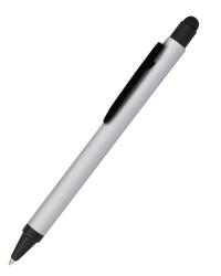 silberner Kugelschreiber mit schwarzem Clip und Spitze. Der Stift hat eine glatte Oberfläche.
