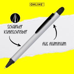 silberner Kugelschreiber mit schwarzem Clip und Spitze. Der Stift hat eine glatte Oberfläche.