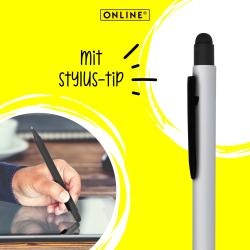 silberner Kugelschreiber mit schwarzem Clip und Spitze. Der Stift hat eine glatte Oberfläche.