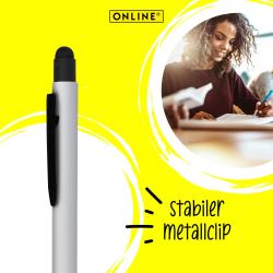 silberner Kugelschreiber mit schwarzem Clip und Spitze. Der Stift hat eine glatte Oberfläche.