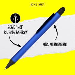 blauer Kugelschreiber mit schwarzem Clip und Gummioberfläche. Spitze ist silberfarben.
