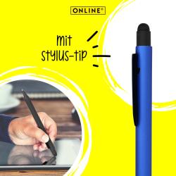 blauer Kugelschreiber mit schwarzem Clip und Gummioberfläche. Spitze ist silberfarben.