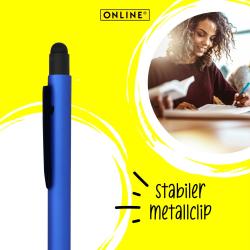 blauer Kugelschreiber mit schwarzem Clip und Gummioberfläche. Spitze ist silberfarben.