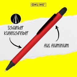 roter Kugelschreiber mit schwarzem Clip und Kappe. Die Spitze ist schwarz.