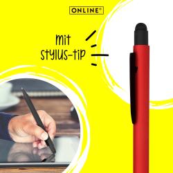 roter Kugelschreiber mit schwarzem Clip und Kappe. Die Spitze ist schwarz.