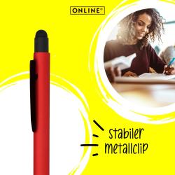 roter Kugelschreiber mit schwarzem Clip und Kappe. Die Spitze ist schwarz.