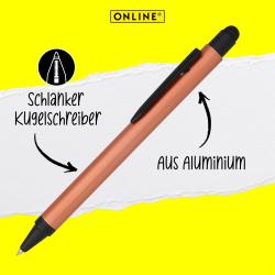 Kupferfarbener Kugelschreiber mit schwarzem Clip und Gummi-Spitze. Glatte Oberfläche, spitz zulaufend.