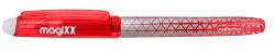 roter Radiergummi-Stift mit transparentem Gehäuse. Silberne geometrische Muster. Kappe auf einer Seite.
