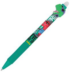 Bunt bedruckter Kugelschreiber mit einem Dinosaurierkopf als Kappe. Der Stift hat eine grüne Farbe und zeigt cartoonartige Motive.