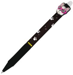 Schwarzer Kugelschreiber mit einem Hundekopf-Design. Hund trägt rosa Sonnenbrille. Muster mit Pfotenabdrücken auf dem Schaft.