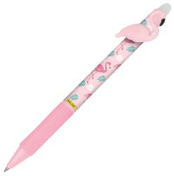 Kugelschreiber mit pinkem Flamingo-Motiv. Der Stift hat eine weiche Gummierung und eine Flamingo-Figur als Oberteil.
