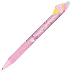 Pinkfarbener Kugelschreiber mit einem Eiscreme-Design oben. Verziert mit bunten Symbolen wie Herzen und Noten.