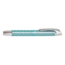 Türkisfarbener Stift mit silberner Kappe. Das Design hat ein Rautenmuster.