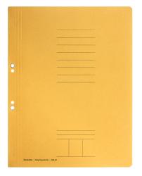 Gelbes Heft aus Recyclingkarton im DIN A4 Format. Es hat mehrere Linien für Beschriftungen.