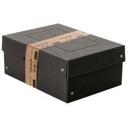 schwarze Aufbewahrungsbox mit abnehmbarem Deckel. Rechteckige Form, innen leer. Material sieht stabil aus.