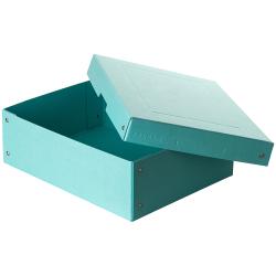 Türkise Aufbewahrungsbox mit Deckel. Die Box hat eine einfache, rechteckige Form.