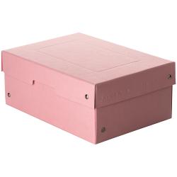 rosa Aufbewahrungsbox mit abnehmbarem Deckel. Die Box hat Metallnieten an den Seiten.
