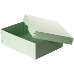 Grüne Aufbewahrungsbox mit Deckel. Ecken sind verstärkt.