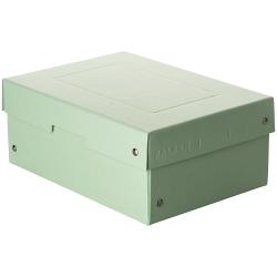 grüne Aufbewahrungsbox mit Deckel. Die Box hat Metallnieten an den Ecken.