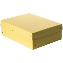 Gelbe Aufbewahrungsbox mit abnehmbarem Deckel. Die Box hat eine quadratische Form.