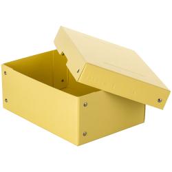 Gelbe Aufbewahrungsbox mit abnehmbarem Deckel. Die Box hat eine einfache, rechteckige Form.