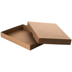 Braune, flache Box mit einem schlichten Design. Umwickelt mit einem Band, das verschiedene Symbole zeigt.