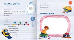 Buchcover mit dem Titel 'Meine Kindergarten-Freunde'. Ein Junge in einem roten Feuerwehrfahrzeug umgeben von verschiedenen Fahrzeugen.