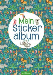 Cover eines Stickeralbums. Titel: 'Mein Stickeralbum'. Bunte Tiermuster: Löwen, Giraffen, Koalas, Vögel. Hintergrund in Blau mit Pflanzenmotiven.