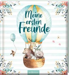 Buchcover mit dem Titel 'Meine ersten Freunde'. Illustration eines Heißluftballons. Tiere wie Bär, Reh, und andere im Korb. Sanfte Farben, florale Elemente.