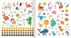 Buchcover mit dem Titel 'Alle meine Freunde'. Illustrationen von Dinosauriern und bunten Pflanzen.