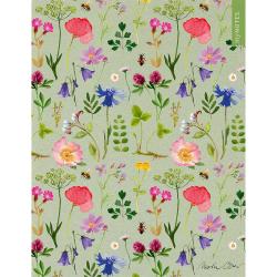 Notizbuchcover mit bunten Blumenmotiven auf grünem Hintergrund. Enthält verschiedene Pflanzen und Insekten.