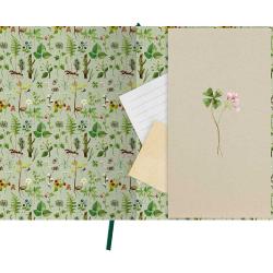 Notizbuch mit floralem Muster in Grün. Innenseite mit leeren Seiten und einer kleinen Blume.