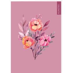 Notizbuch mit floralem Design. Hintergrund in Rosa, Blumen in Pink und Gelb.