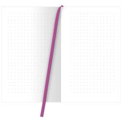 Leeres Notizbuch mit gepunkteten Seiten. Lila Lesezeichen sichtbar.