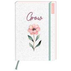 Notizbuch mit dem Titel 'Grow'. Dekoriert mit einer rosa Blume und grünen Blättern.
