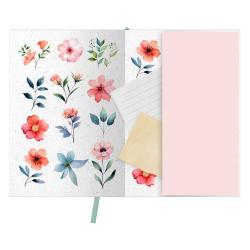 Offenes Notizbuch mit floralen Illustrationen in Rosa und Blau. Eine Seite hat leere Notizblätter und eine pinke Fläche.