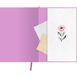 Lila Notizbuch mit floralem Innencover. Enthält ein paar lose Blätter.