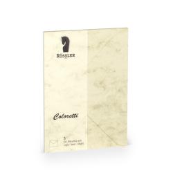 Beige Umschlag mit marmorierter Oberfläche. Logo von Rössler und der Schriftzug 'Coloretti' sichtbar.