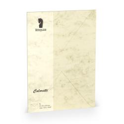 Beige Umschlag mit marmorierter Oberfläche. Logo von Rössler und Schriftzug Coloretti.